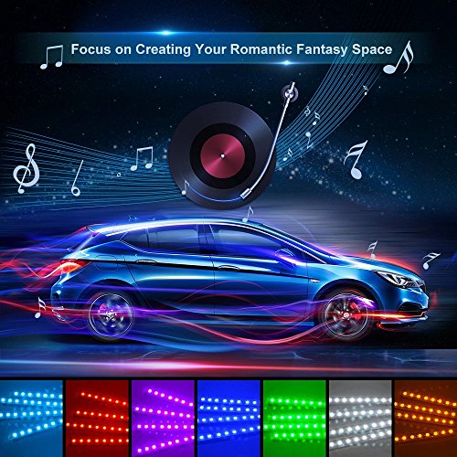Car LED Strip Light, EJ's SUPER CAR 4pcs 36 LED DC 12V Multicolor Music Car Interior Light LED Under Dash Lighting Kit with Sound Active Function and Wireless Remote Control, Car Charger Included