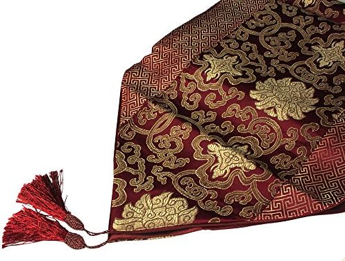 78 Inch Maroon and Gold Lotus Asian Table Runner with Tassels