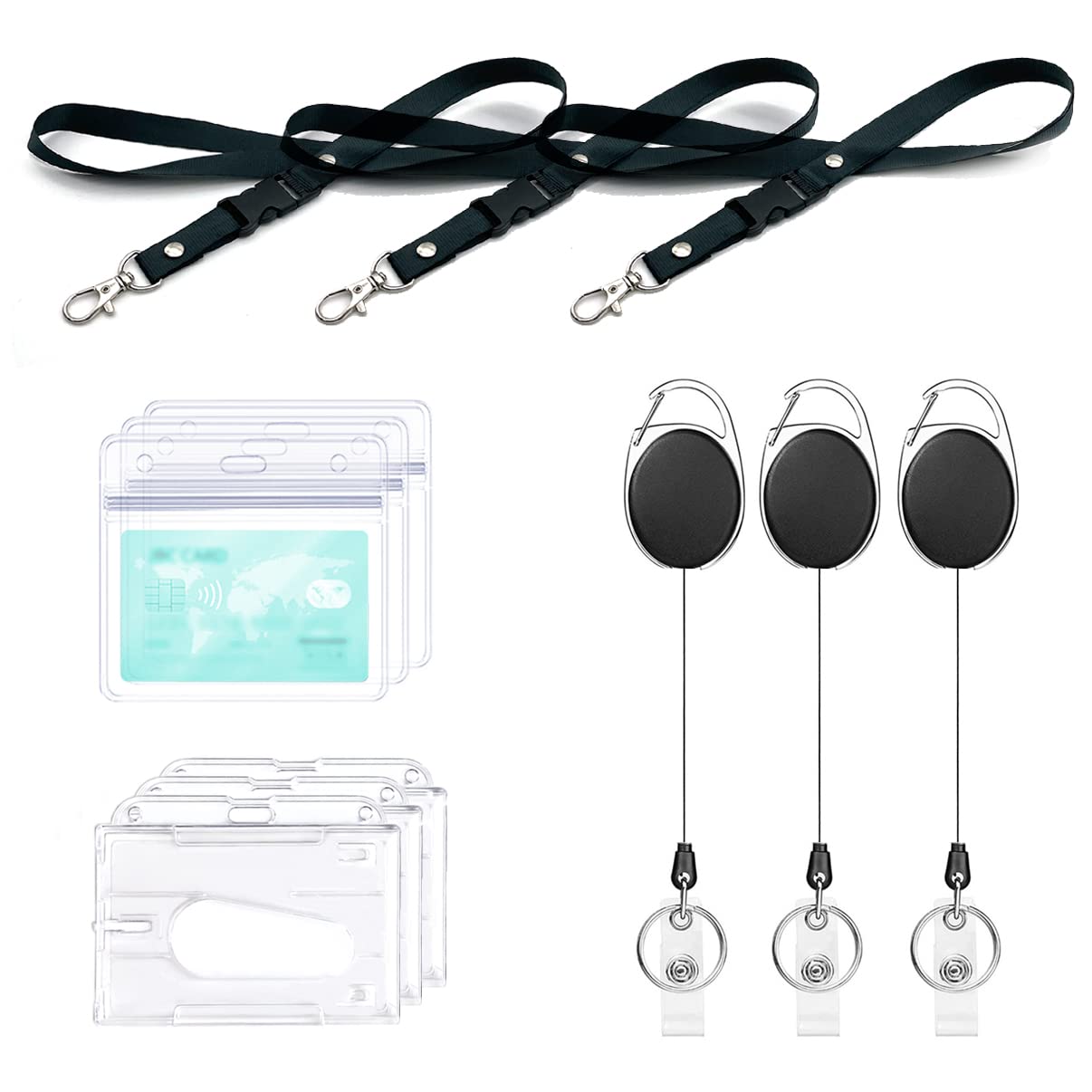 Retractable Keyring, 3 Set Includes - with Lanyard Badge Holder,Reel Clip,Clear Badge Holders,Waterproof ID Card Holder for ID Clip,id Credit Cards,Transport Card (3 Set)