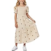 Sunny Spirit Girls Maxi Dress Tween Dresses for Girl Spring Summer Boho Floral Short Puff Sleeve Smocked Cotton 5-14 Years