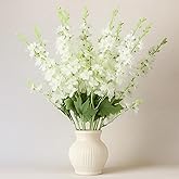 Thiccywoov 24 Pcs Delphinium Artificial Flower 35.4'' Long Larkspur Stem Silk Fake Faux Flowers Bulk for Tall Vase Floral Arrangements Home Centerpiece Table Wedding Decor (White)