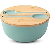 BAMBOO LAND- Large Salad Bowl with Wooden Lid, 10 Inch/108 Oz, Mint Green, Bamboo Fiber Salad Bowl with Serving Utensils, Wide Applications