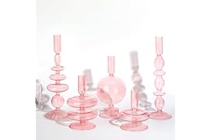 Rtteri 5 Pcs Glass Candlestick Holders Colorful Glass Taper Candle Stand Groovy Candlestick Wavy Boho Chic Clear Bases Holders Elegant Vase for Home Party Centerpiece(Pink)