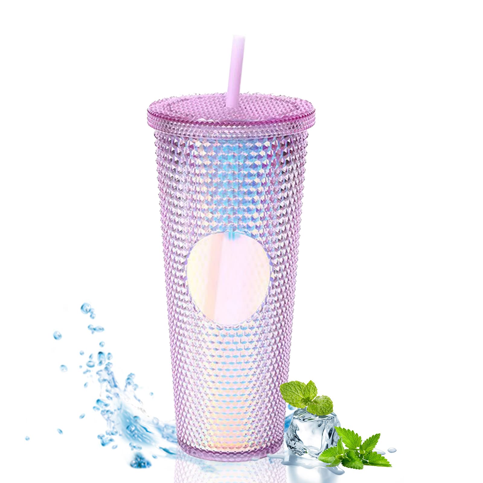 TWSOUL Studded Cup Tumbler 710ml Studded Tumbler with Lid and Straw Reusable Cold Cup for iced Coffee Double Walled Plastic Water Bottl (Purple)
