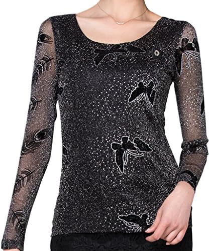 NIXI Women Blouses Butterfly Printing Long Sleeve Casual T Shirts Work Purl Tops (US8=XL,Black)