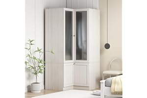 Hitow Corner Wardrobe Cabinet, Wooden Armoire Closet with Frosted Glass Doors, Bedroom Wardrobe with Shelves & Hanging Rod for Storage Organize, Wood Grain (35.4" W x 35.4" D x 70.9" H)