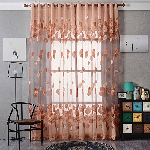 AUSWIND Coffe Color Curtain Sheer Leaf Polyester Grommet Top Window Sheer one Panel (52''W 96''H, Coffe) for Living Room