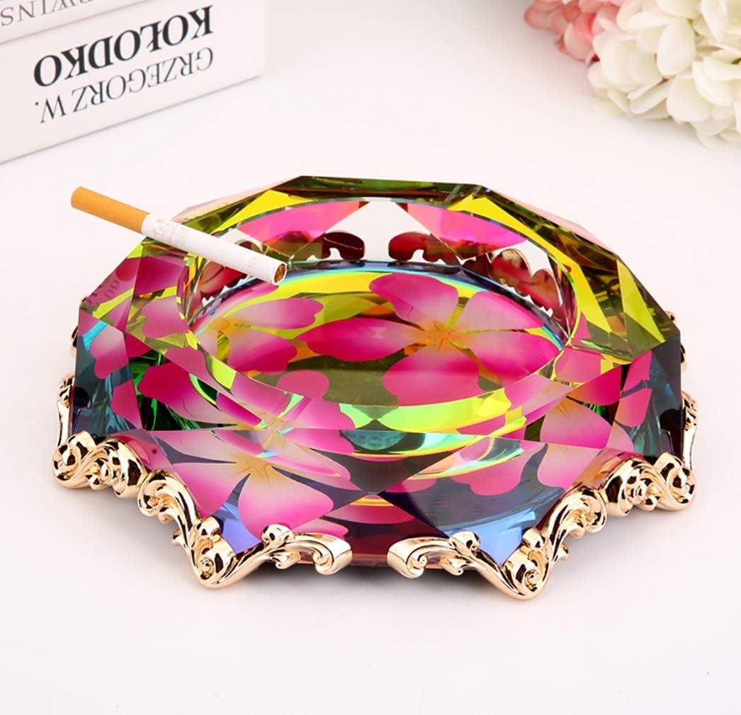 Ashtrays French Glass 8” Large Colorful Flower Gold Base