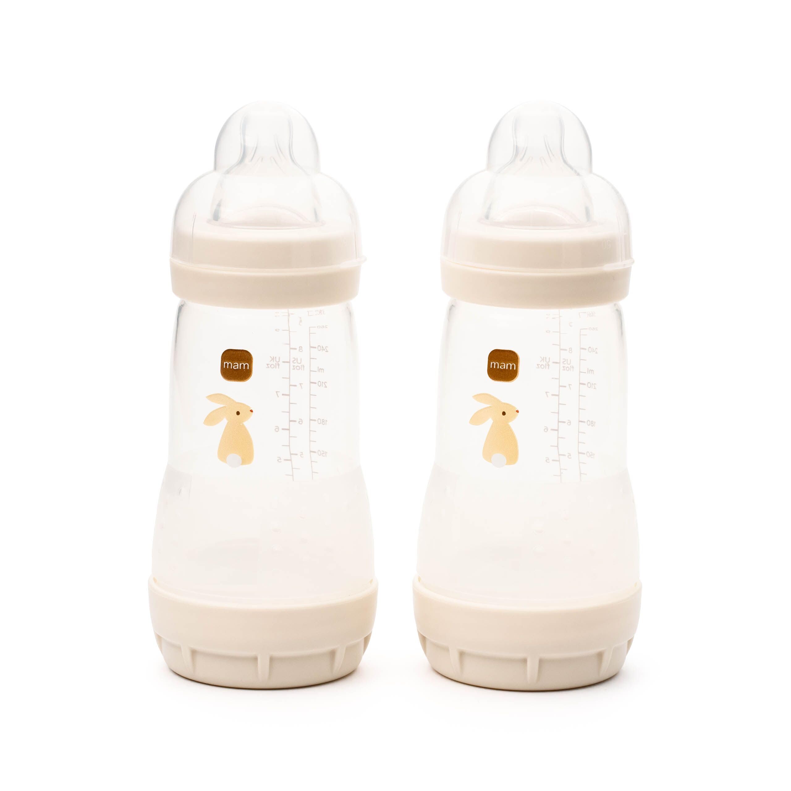 MAM Easy Start Anti-Colic Baby Bottles | 2 Pack (2 x 260ml) | Self-Sterilising Baby Milk Bottle | Medium Flow MAM Teat Size 2 | Newborn Essentials | Linen (Various Designs)