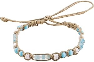 BlueRica Hemp Anklet Bracelet with Puka Shell Beads, Blue Cat's Eye Beads & Glass Tubes