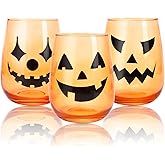 Whaline 3 Pieces Halloween Stemless Wine Glasses 17Oz Clear Orange Jack-O-Lantern Drinking Glasses Spooky Expressions Tumbler Cups for Halloween Party Birthday Housewarming Gifts Cocktail Beverage