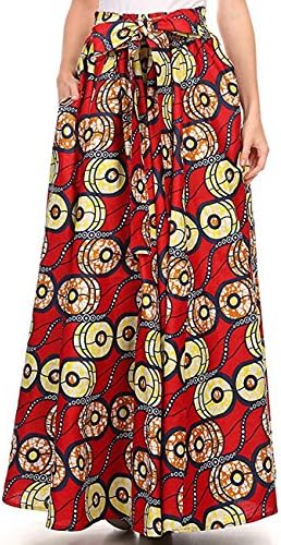 Novias Women Casual High Waisted African Summer Print A Line Maxi Long Skirt With Pockets(Red)