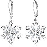 Snowflake Earrings for Woman 925 Sterling Silver Cubic Zirconia Winter Party Snow Flower Leverback Earrings Snowflake Dangle Drop Earrings Jewelry Holiday Chrismas Gifts for Women Girls