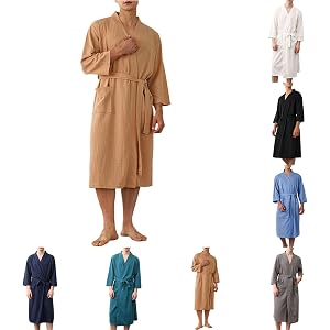 Lmdudan Men Waffle Kimono Robe Lightweight Housecoat with Belt and Pockets, Long Lounge Bathrobe Sleepwear for Home Vacation