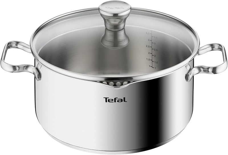 A70546 Duetto Kochtopf | 24 cm | induktionsgeeignet | einfache Reinigung in der Spülmaschine | Messskala | Glasdeckel zum Abgießen | Edelstahl