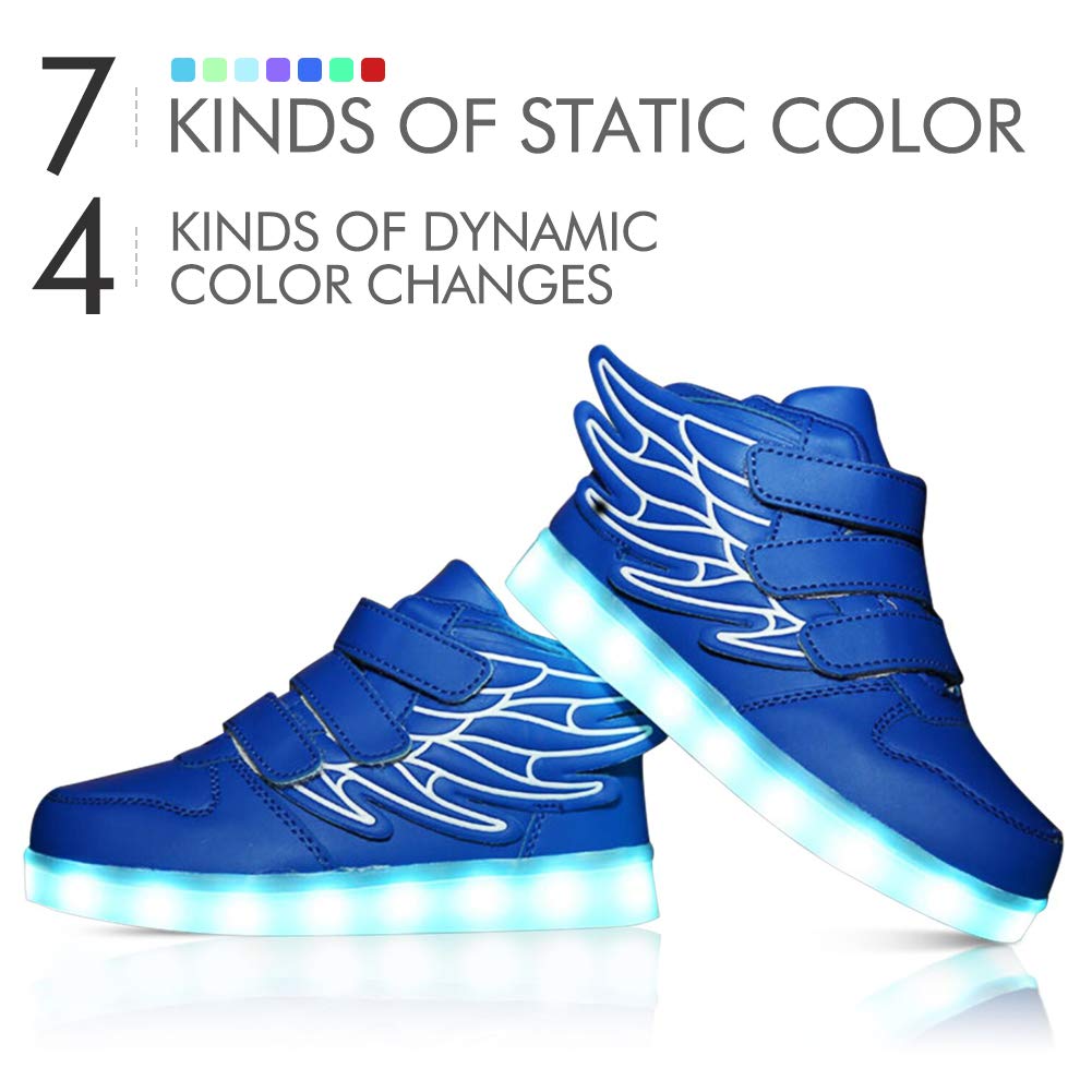 RioRand Kids Lights Up Sneakers Boys Girls Flashing Rechargeable Dance Shoes Athletic Wings Fashion High Top 7 Colors LED Shoes Blue