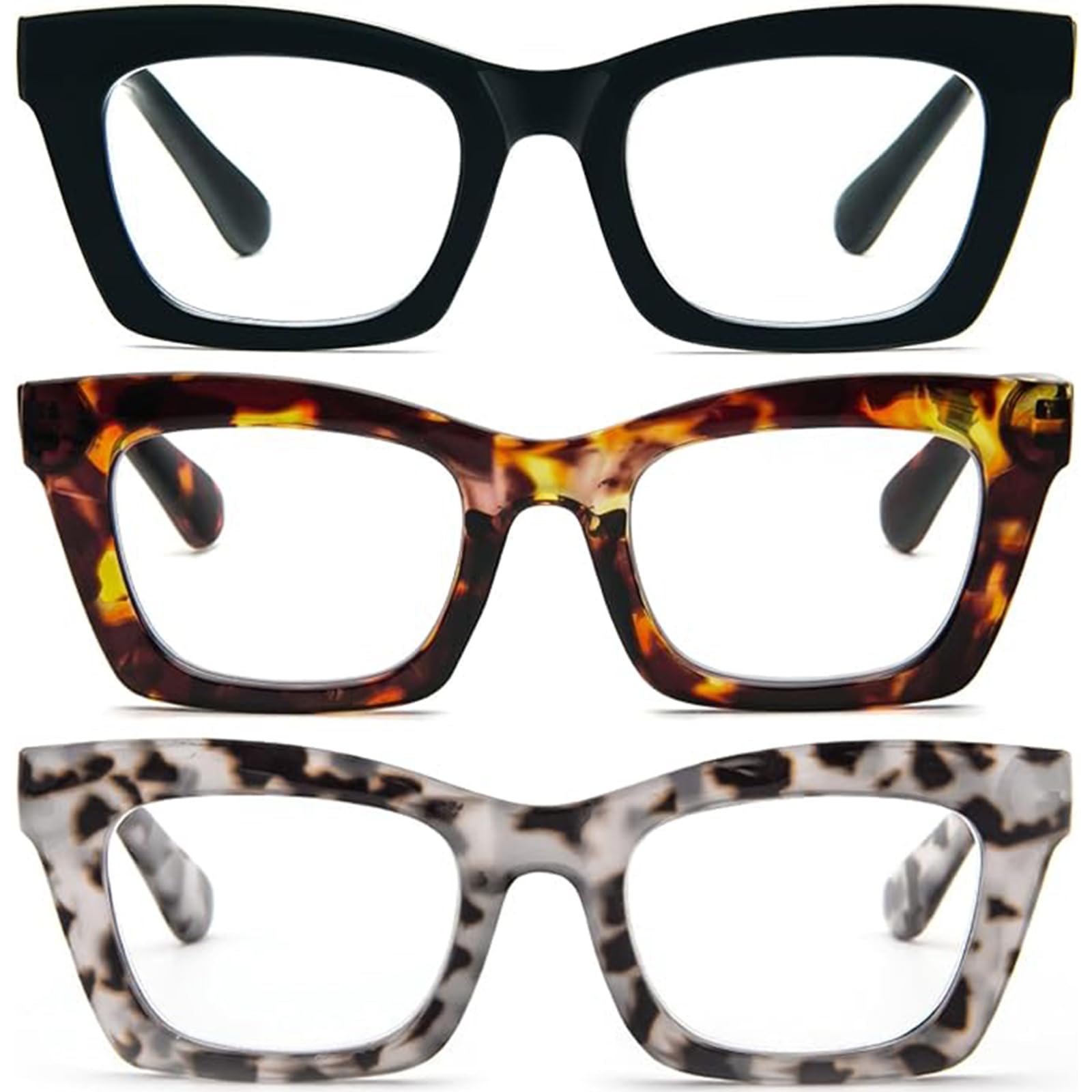 MMOWW 3 Pack Oversized Reading Glasses for Women Square Frame Fashion Style Readers Blue Light Blocking Reading Glasses (3 Packs, +1.5) — image 1