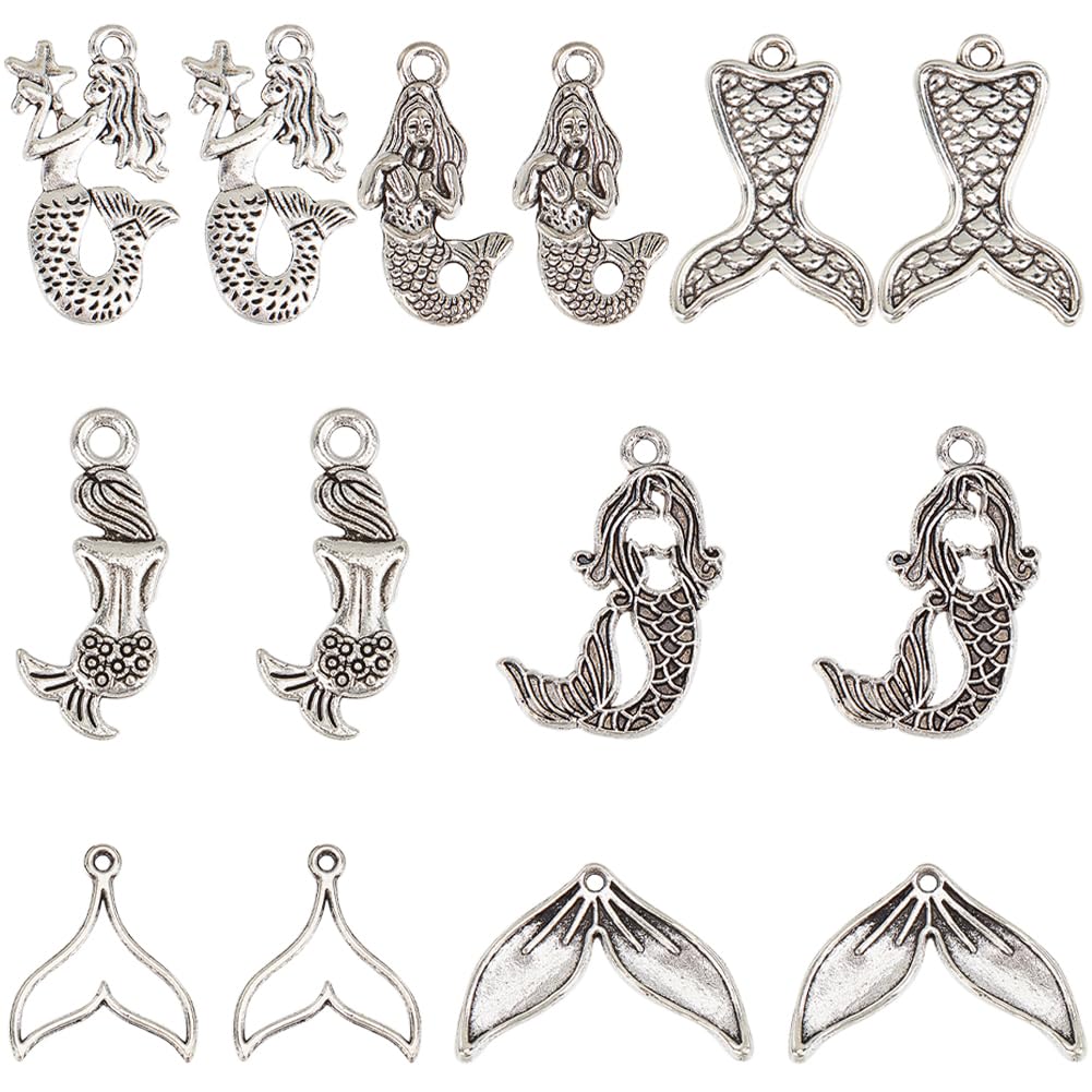 SUNNYCLUE 1 BOX 112Pcs 7 Styles Silver Mermaid Charms Bulk Fish Tail Charms Sealife Ocean Marine Alloy Ancient Tibetan Little Summer Charms for jewellery Making Charms Earrings Necklace Adult Women