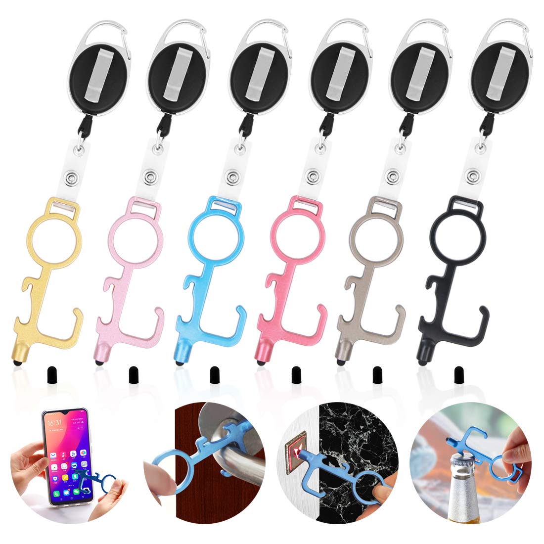 6 Pack Anti-Contact Door Opener Tool,Multifunctional Door Opening Tool with 6 Pack Stretchable Keychain, 6-Color Contactless Door Opener for Touching The Screen to Door Handle Closer