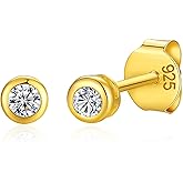 Lavishe 14K Gold Plated 925 Sterling Silver Cubic Zirconia Round Bezel Set Stud Earrings, 2mm to 4mm Stone