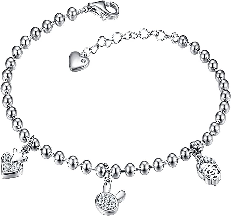 Viyino Women's Rabbit and Sheep and Heart Beaded Charm S925 Sterling Silver Cubic Zirconia Bracelet