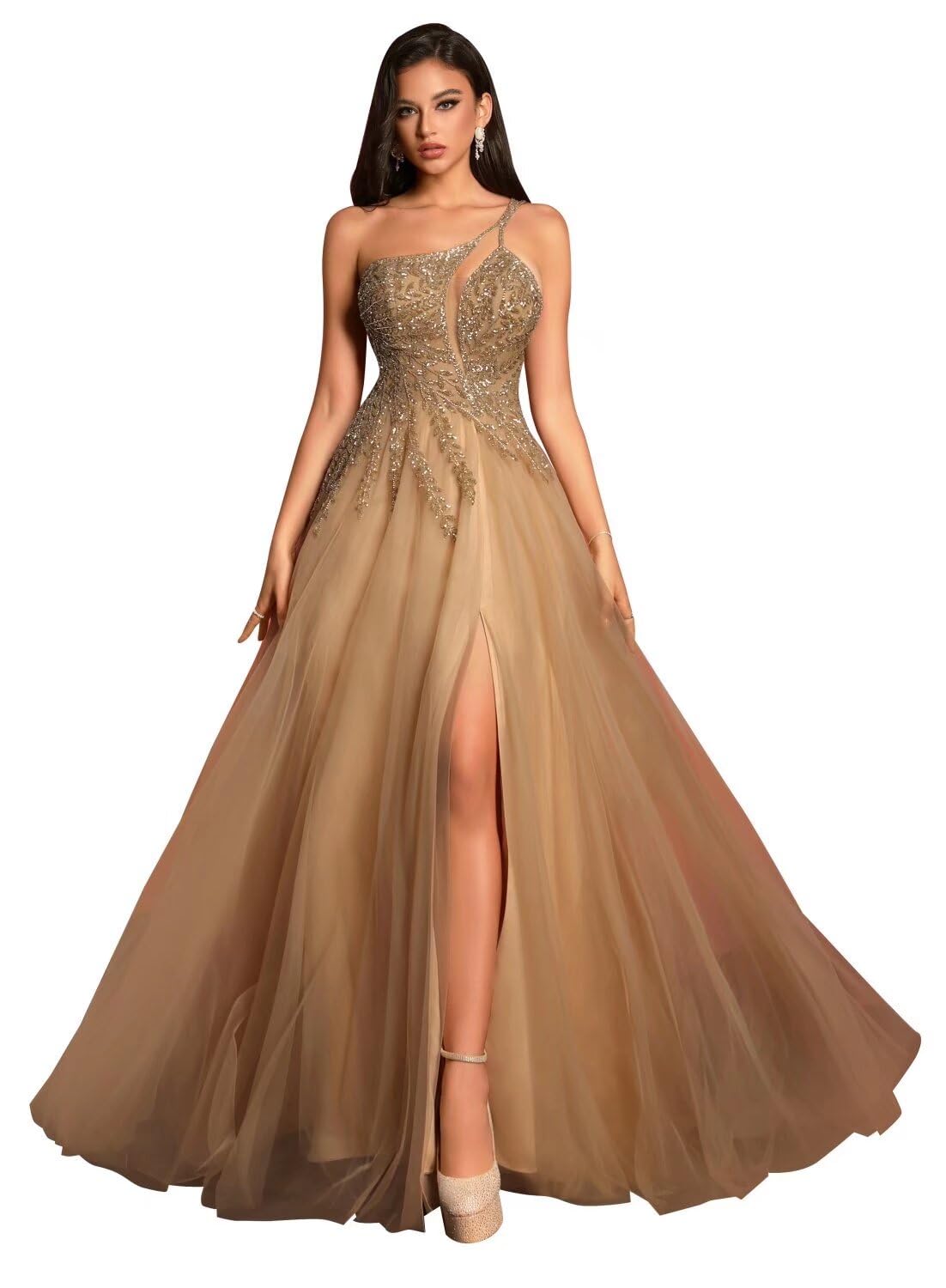 Women‘s Champagne A Line Prom Dresses Formal Long