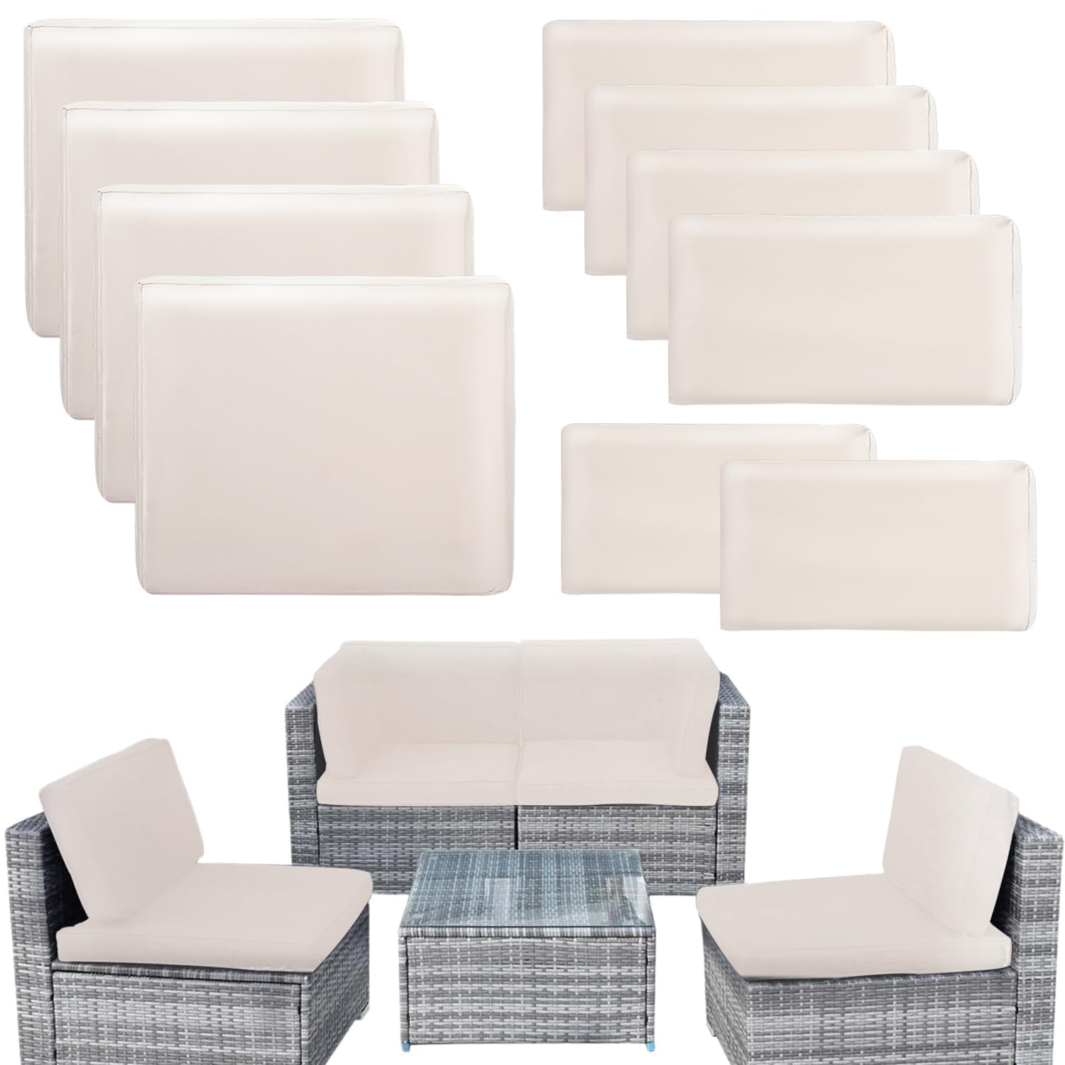 Photo 1 of Thankyall 10 Pcs Outdoor Patio Cushion Covers Replacement with Zippers, Splashproof UV/Fade-Resistant Cushion Covers, for 5 Pcs Outdoor Patio Furniture Sets, Only Cover(26.3"x26.3"x4.7inches,Beige)
