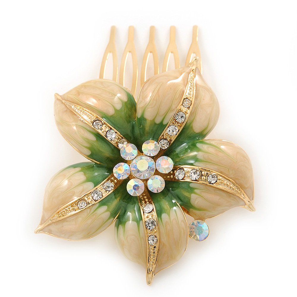 Gold Plated Pale Yellow/Green Enamel AB Crystal 'Flower' Hair Comb - 55mm