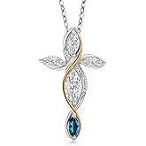 Cross Necklace For Women In 925 Silver and 10K Yellow Gold with White Moissanite and London Blue Topaz | 1.39 Cttw | Jesus Christian Religious Crucifix | Marquise 8X4MM | With 18 Inch Chain