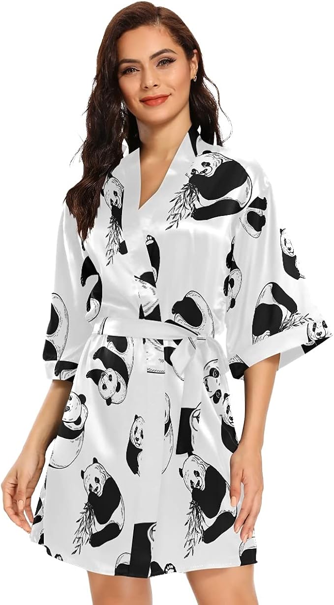 Pandas Kimono Bathrobe Women's Satin Robe for Bride Bridesmaids at