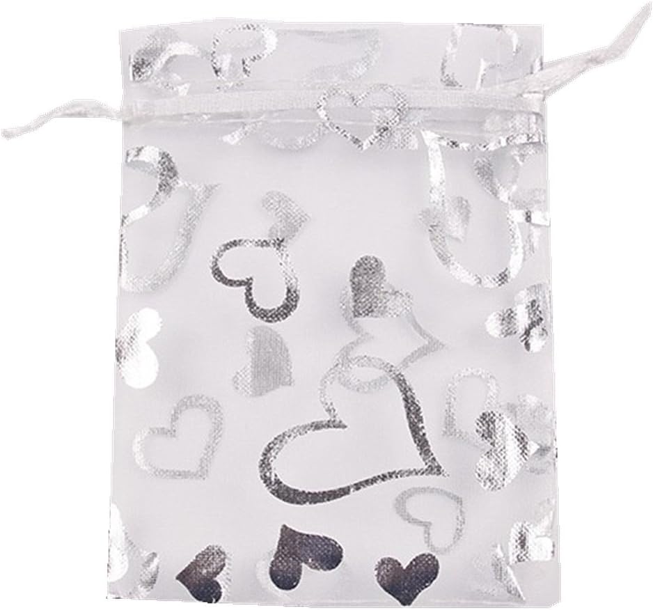 100pcs Organza Wedding Party Gift Bags Heart Pattern Sheer Drawstring Pouches Jewelry Gift Bags Christmas Party Gift Favor Bags (white