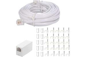 Vthahaby 20 Feet Long Telephone Extension Cord Phone Cable Line Wire, with Standard RJ11 Plug and 1 in-Line Couplers and 25 Cable Clip Holders-White