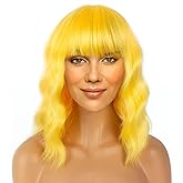 LANICE Yellow Wig Short Bob Wigs with Bangs for Women Loose Wavy Hair Shoulder Length Wigs Synthetic Colorful Wigs for Cosplay Daily PartyUse(Yellow,12inch)