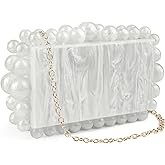 OSDUE Acrylic Evening Clutch Bag for Women, Beaded Shoulder Acrylic Bag, Satchel Marble Clutch Purses with Detachable Chain for Wedding Cocktail Party Banquet Bride - White