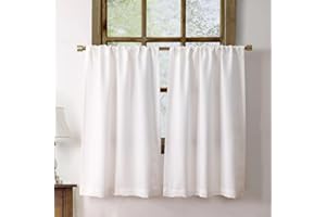 OINDEC Faux Linen Kitchen Curtains 36 Inch Length Cafe Curtain Tiers for Living Room Bathroom Basement Windows Country Rustic Small Short Curtains, Set of 2, White