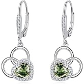 PYTALI Sterling Silver Heart Shape Moss Agate Moissanite Drop Earrings Women Moss Agate Dangle Earrings Birthday Jewelry Valentine's Day Thanksgiving Christmas Gift for Her