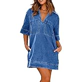 chouyatou Women's Summer Loose Fit V-Neck Sexy Mini Denim Dress Cute Jean Tunic Dress with Pockets