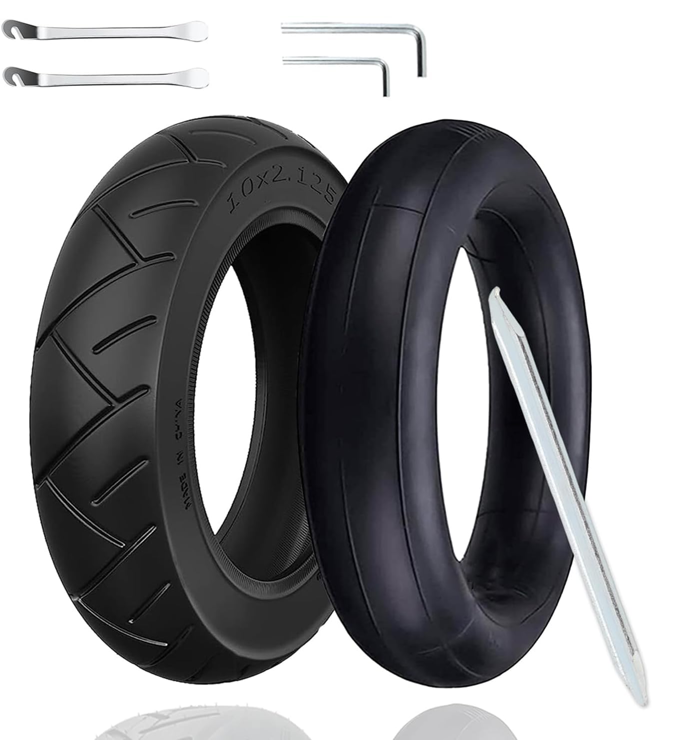 OUXI 2Pack Electric Scooter Tyre 10 x 2.125,10 inch Inner Tube Electric Scooter Outer Tire&Inner Tubes Double Thicken Inflatable Front/Rear Replacement Rubber Tires with 0° Valve Angle and Crowbars