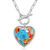 AIBAO Natural Turquoise/Coral/Lapis Lazuli/Malachite Necklaces for Women Sterling Silver Gemstone Toggle Necklace Western Boho Jewelry
