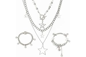 Inactwin Star Y2k Silver Necklace Grunge Layered Necklace Cute Aesthetic Stack Toggle Chain Necklaces Gothic Vintage Emo Jewelry Set for Women
