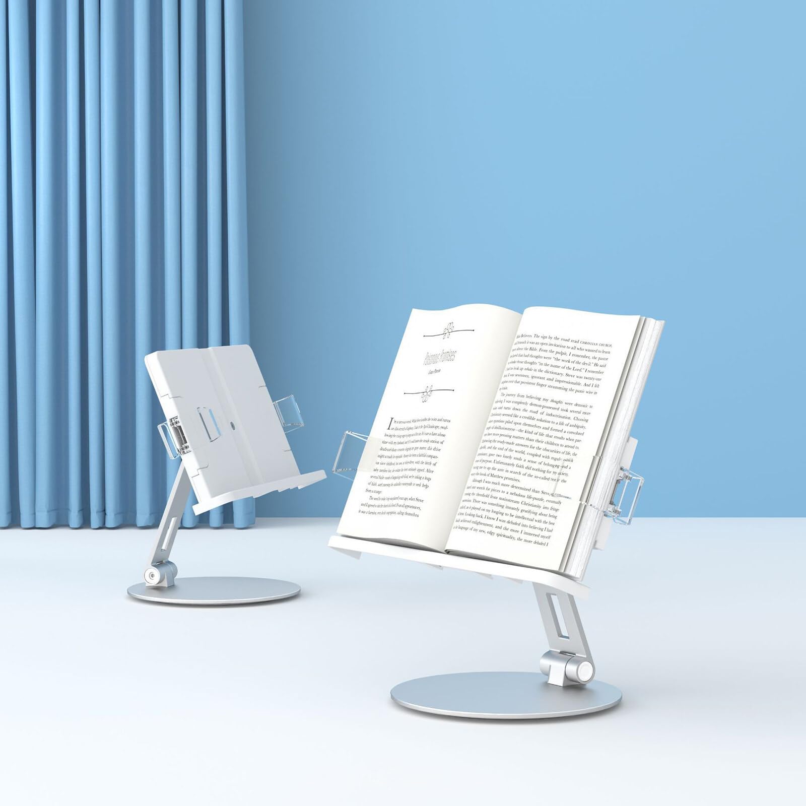 Book Stand for Reading, Aluminum Cookbook Holder Textbook Desk Stand Adjustable Foldable Display Book Holder with Rotating Base for Recipe Magazine Tablet Kindle