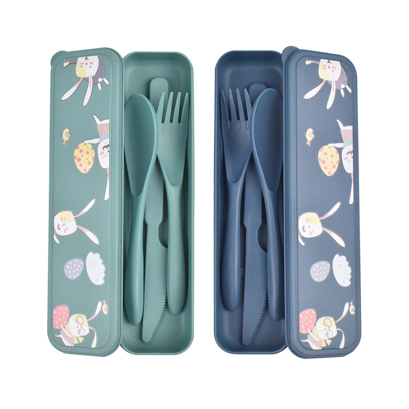 Jiayaus 2PCS Large Travel Cutlery Set with Case - Cute Rabbit Pattern, Plastic Cutlery Set, Reusable Portable Cutlery Sets for Camping, Work, Picnic, Daily Use