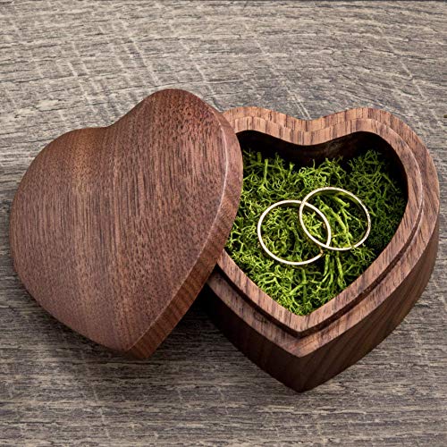 Heart shaped wood box filled with green moss (Engagement Proposal Ring Box - Ring Bearer Box - Jewelry Storage Box - Photo Prop)