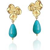 Dckazz Gold Turquoise Earrings for Women Flower Statement Earrings Western Turquoise Jewelry for Women 14K Gold Plated Floral Dangle Stainless Steel