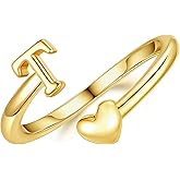 M MOOHAM Gold Rings for Women Girls - 14K Gold Plate Initial Rings for Women Non Tarnish Letter A- Z Dainty Heart Ring Adjustable Pinky Ring Personalized Jewelry Gifts