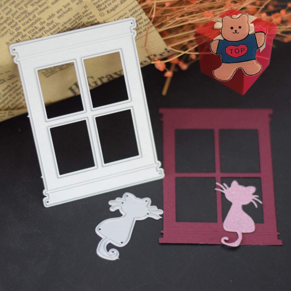 Window Cat Dies for Card Making，Window Cat Cutting Dies Cut Stencils for DIY Scrapbooking Photo Album Decorative Embossing Paper Dies for Card Making Templated+Cute Brooch Pin