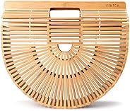 Vintga Bamboo Bags for Women Summer Straw Bags Wooden Beach Purses Basket Handle Handbags