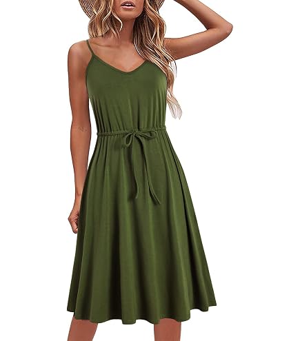 Womens Casual Spaghetti Straps Dress Summer Sleeveless A-Line Cotton Midi Dress Flowy Beach Vacation Knee Length Dress Army Green, Small : Clothing, Shoes & Jewelry