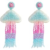 Handmade Beaded Jellyfish Tassel Earrings for Women, Bohemian Ocean Theme Jellyfish Dangle Earring for Summer Festival Party Jewelry