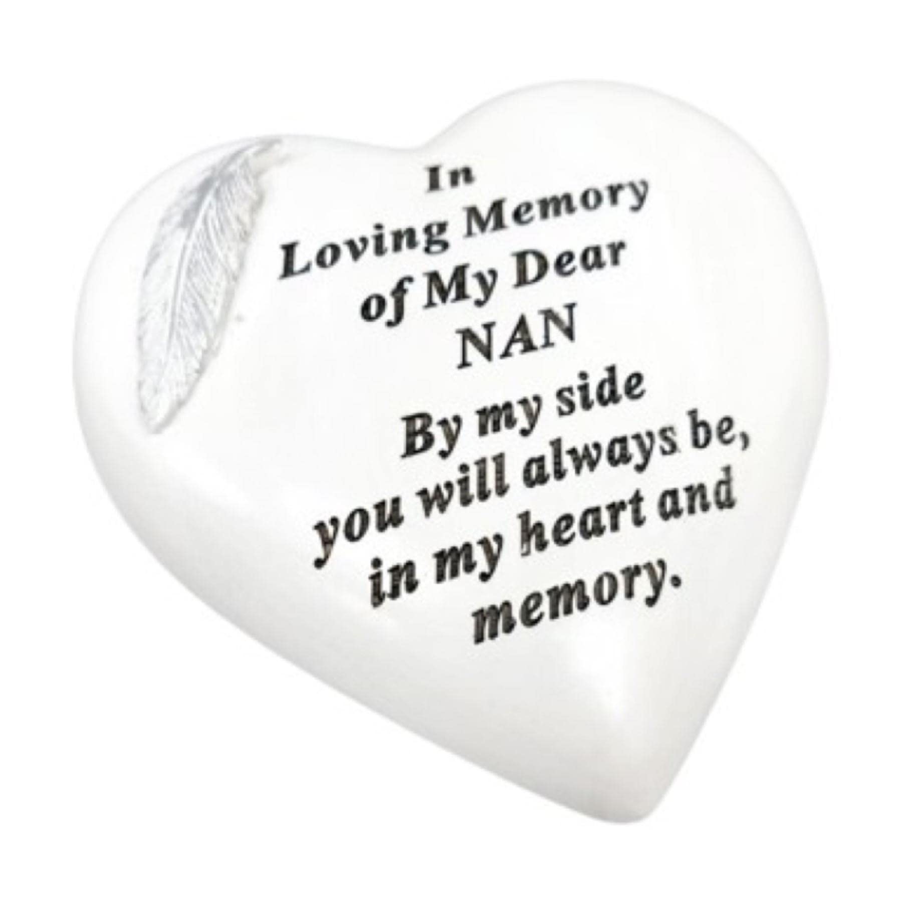 White Graveside Heart Memorial Plaque - Feather Detail - Nan 6642